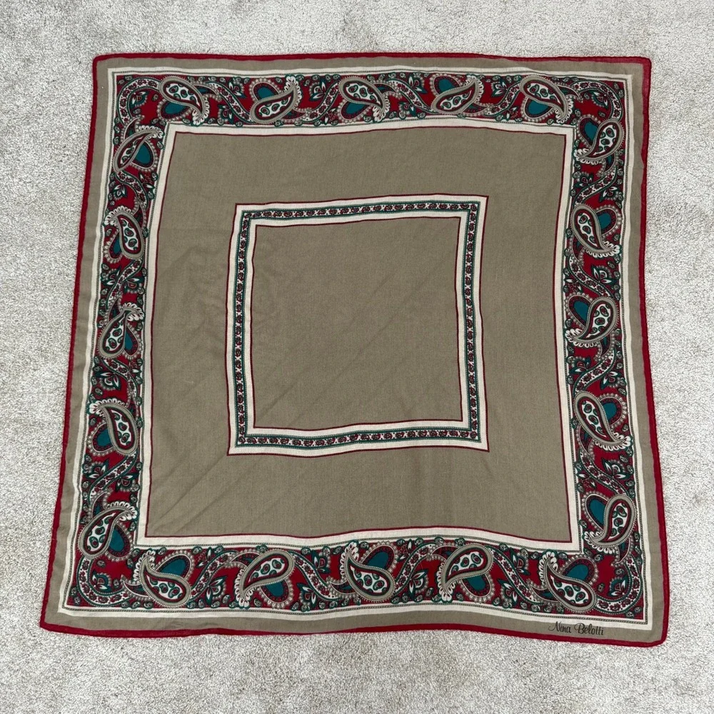 Vintage Nina‎ Belotti Paisley Silk Square Scarf Red Teal Beige Elegant Accessory
